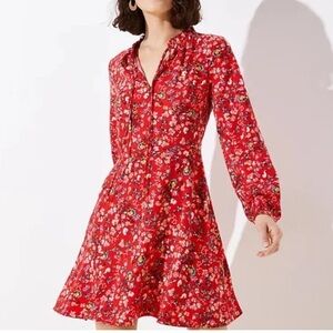 LOFT Women's Primrose Red Floral Tie Neck Flare Dress Size 2 Knee Length